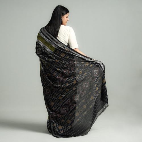 Image of Ikat Women's Pure Cotton Saree Traditional Craftsmanship Double Ikat Weaving Floral Handmade Ethnic Saree without Blouse Piece