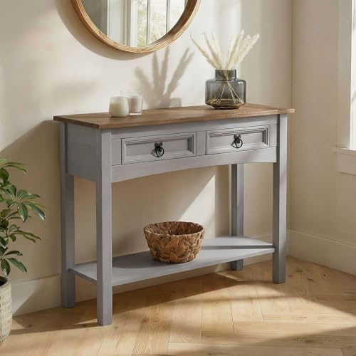 IDIMEX Console Ramon Meuble avec 2 Tiroirs et 1 Étagère, Table Console d'Entrée en Pin Massif, Poignée en Métal, en pin Massif Gris et Brun