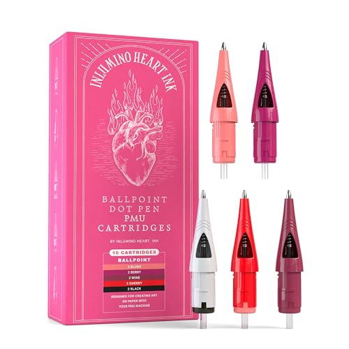 PMU Practice Cartridges 10-Pack Ballpoint Pen Refills for Tattoo Training on Paper Patented Design 5 Colors Compatible with Rotary PMU Pens & Dot Machines