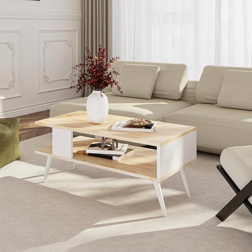 [en.casa] Table Basse Design Rectangulaire pour Salon avec Surface de Rangement Panneau de Particules Mélaminé Bois 40 x 90 x 45 cm Effet Chêne Blanc