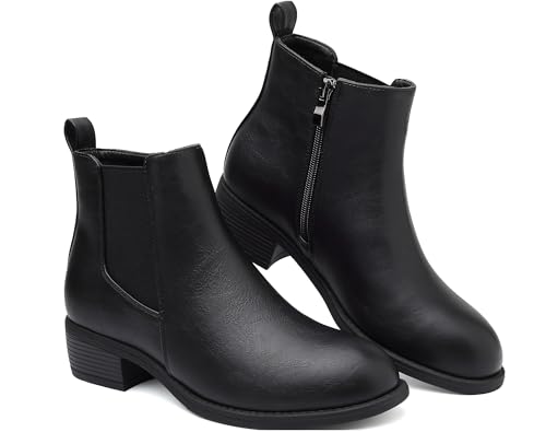 Image of Ankle Boots for Women Waterproof Walking Boots Fashion Chelsea Booties Side Zip Low Heel Shoes Pointed Toe Casual Short Booties AllBlack