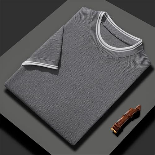 Men's Round Neck Short Sleeve Sweater Silk Fabric Knitwear Solid Color Spliced Loose Size Business Casual Top3