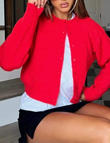 MISSACTIVER Women's Button Down Cropped Cardigan Sweater Solid Open Front Long Sleeve Crewneck Knitted Fall Cardigans Jacket4