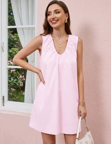 Image of MISSACTIVER Women's Sleeveless Babydoll Tank Mini Dress Scoop Neck Ruched Short Dress with Side Pockets Summer Party Dresses
