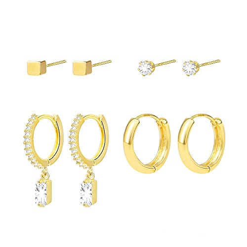4 Pairs Gold Stud Hoop Earrings Set Huggie Earrings Pack for Women | 14K Gold Plated Stud Earrings Sets for Multiple Piercing 925 Sterling Silver Post
