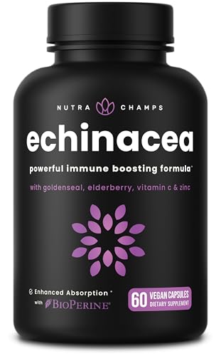 NutraChamps Echinacea Capsules 1000mg - 8-in-1 Immune Support Supplement - Echinacea Goldenseal Vitamin C Zinc Ginger Elderberry - 60 Capsules