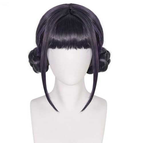 IMEYLE Black Purple Wig with 2 Buns Short Black Purple Hair Double Braided Buns for Women Singers Idols Characters Cosplay Anime Wigs for Halloween Stage Costume Outfit Party +Hair Cap