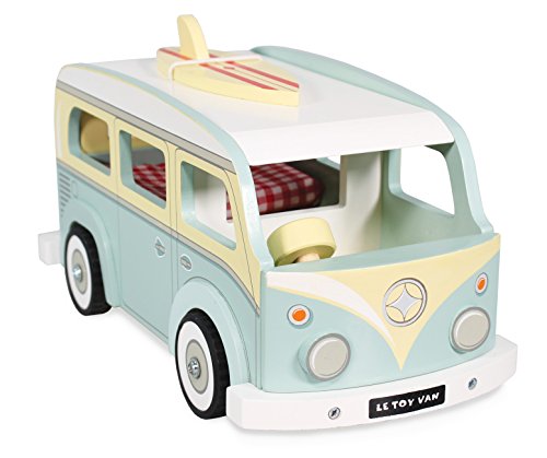 Le Toy Van - Cars & Construction Pretend Play Retro Wooden Holiday Campervan Toy Vintage Classic Style Play Set With Detachable Surfboard | Boys Play Vehicle Role Play Toys - Suitable For 3 Year Old +