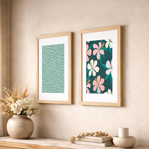 Image of NoWorries Pestal color minimal art Wall decor framed Paintings for Wall decoration /Wooden Wall decor for living room, Bedroom Area - Minimalist frames for Home /Cafe - Wall paintings for living room (Theme - floral art) (Synthetic Wood frame) (Leminated 300 GSM Print) (framed, Multicolur) Set of 2