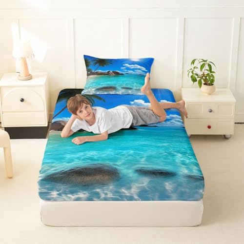 Image of jejeloiu Ocean Beach Bed Sheets Sets Twin Size Kids Boys Girls Blue Sky Sea Bedding Set Tropical Palm Trees Bed Sheet Set with 16-Inch Deep Pockets 3Pcs with 1 Pillow Cases