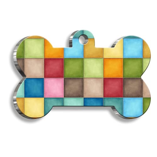 Colorful Plaid Personalized Dog Tag - Custom Name Tag - ID Tag for Dog & Cat - Customized Pet Tags - Dog & Cat Name id Tag - Dog Name Tag - Engraved Dog Tag (Bone)