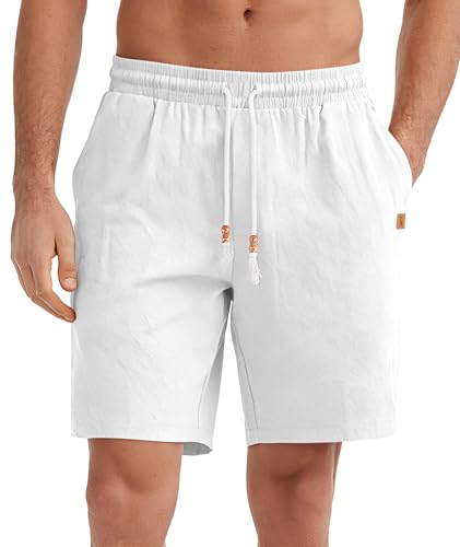 SwissWell Pantalones Cortos Hombre de Lino Bermudas Hombre Verano Casual Pantalón Corto Playa Vacaciones Shorts con Cintura Elástica y Bolsillo Blanco L