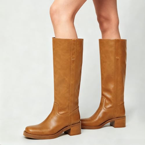 Gothictor Women's Brown Knee High Boots Square Toe Chunky Block Heel Comfortable Low Heel Pull on Wide Calf Riding Shoes for Women 8.5 by Gothictor - Used condition - Image 6