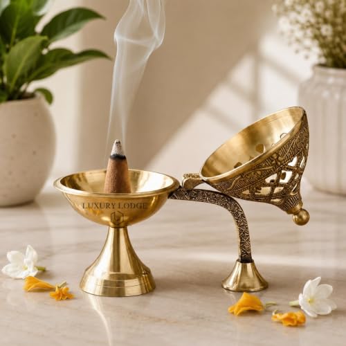 Image of 𝐋𝐔𝐗𝐔𝐑𝐘 𝐋𝐎𝐃𝐆𝐄 Brass Dhoop Holder | Incense Burner | Loban Dani | Dhoop Dani |Brass Loban Dhoop Dani | Dhoop Dani Stand Burner for Puja- 5 inches.