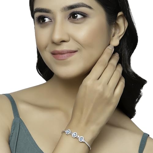 Image of ZENEME Rhodium-Plated Oval Shape American Diamond Studded Handmade Kada Bracelet For Girls and Women