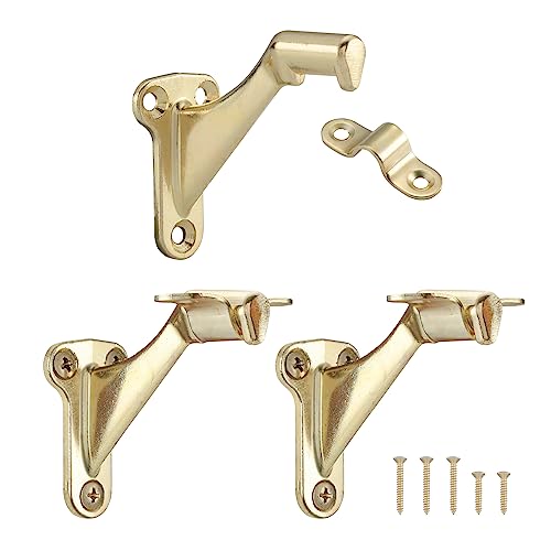 HOME MASTER HARDWARE Handrail Stair Brackets 3 Heavy Duty Staircase Hand Rail Bracket Support Hardware for Home or Office Stairways Bright Brass with Screws 3-Pack