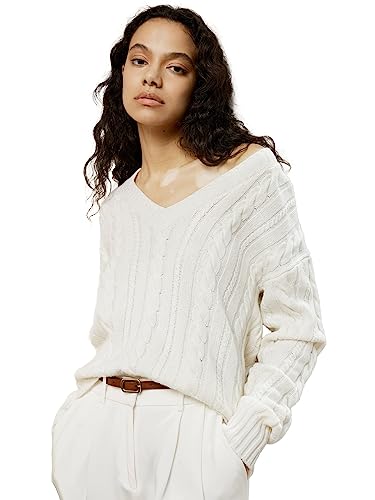 LilySilk Womens Oversized Sweater Drop-Shoulder Premium Wool Cashmere V-Neck Cropped Pullover Cable Knit Fall Winter
