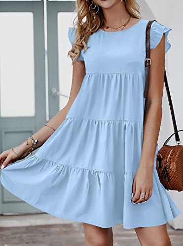 Image of KIRUNDO Summer Dresses for Women Sundress Sleeveless Ruffle Sleeve Round Neck Loose Short Flowy Pleated Mini Babydoll Dress
