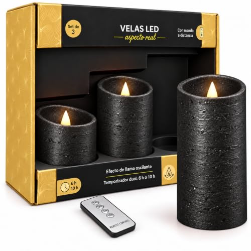Velas LED Decorativas Efecto Llama, Color Negro, 3 Unidades