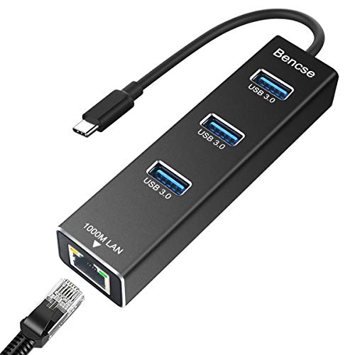 BENCSE USB C to Ethernet Adapter, Type C to 3 USB 3.0 Ports, RJ45 Gigabit Network Hub, 10/100/1000 Mbps, Compatible with MacBook Pro 2019/2018/2017 and Other Type C Laptops, Black