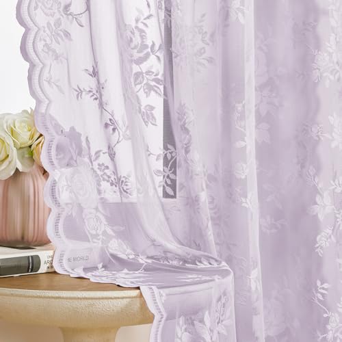 Light Purple Lace Curtains 84 Inches Long 2 Panels - Romantic Lilac Flower Sheer for Bedroom Living Room Semi Sheer Rod Pocket Light Filtering Violet Lace for Girls Room Decor 52x84