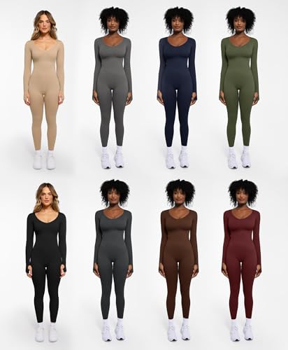 Popilush Long Sleeve Jumpsuit for Women Built-in Bra Ribbed U Neck Red XL - image 4