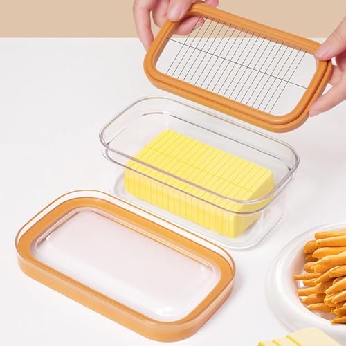 Butterdose Kunststoff Butterschale mit Deckel Butterbox mit Butterschneider Butterschatz PP Butterbehälter Butter Cutter Box Spülmaschinenfest BPA-Frei für 280g Butter (Orange)