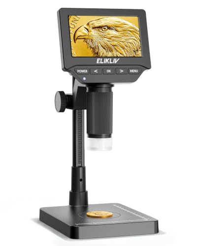 Image of Elikliv Microscope, 4.3'' Digital Coin Magnifier with Lights for Adults | IPS Screen,1080P Resolution, 8'' Stand, Built-in Battery, Great Magnification, Save Photos & Videos, Mac Windows Compatible