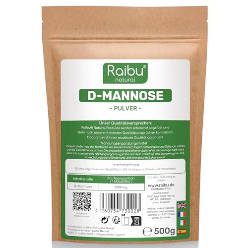 D-Mannose Pulver - 500g (8,3 Monate Vorrat) - D Mannose Pulver in Deutschland abgefüllt - Natürlich, Vegan & Laborgeprüft - Extra Dosierlöffel - RAIBU