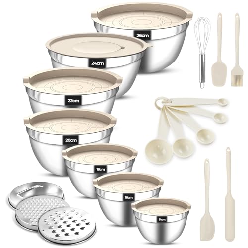 Ecofocet Lot de 7 Saladiers en Acier Inoxydable avec Couvercles, Bols Mélangeurs Empilables, incluant 3 Râpes & Accessoires de Cuisine, pour Pâtisserie,...