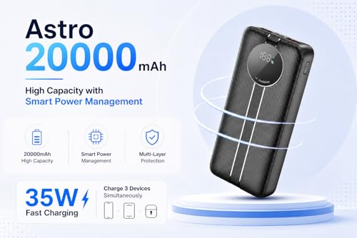 Image of Nextech Astro 20000mAh 35W PD Fast Charging Power Bank, Type-C Input & Output, Dual Output with Digital Display, Portable Laptop & Mobile Charger for iPhone, Android, Tablets & MacBook, Black