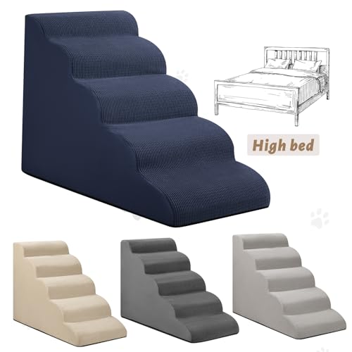 Image of Aodisman Dog Stairs for High Bed,5-Step Pet Ramp for Small Dogs and Cats | 22.2 inch H Dog Steps for Bed with High-Density Foam, Help Olders,Short-Legged Dogs,Puppy and Cats Get on Beds Easily,Grey,Blue