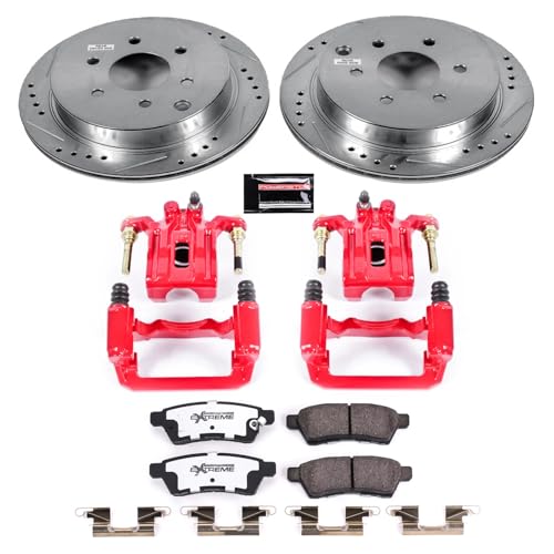 Image of PowerStop Rear Brake & Caliper Kit for Nissan Frontier 2005-24 |Xterra 2005-15 |Suzuki Equator 2009-12 - Drilled & Slotted Disc Rotors + Z36 Brake Pads + Red-Powder Coated Calipers, KC4621-36