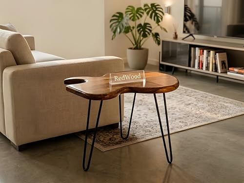 Image of REDWOOD Sheesham Wood Guitar Shape End Table with Iron Hairpin Legs | Modern Metal Accent Side Table for Living Room Bedroom | Unique Coffee Furniture Compact Space Saving Design | Brown