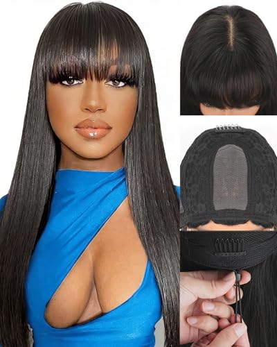 Mamushow Straight Human Hair Wig With Bangs Glueless Wear and Go 2x4 HD Lace Closure Wig 180% Density Drawstring Wig Human Hair for Black Women Natural Color 18 Inch