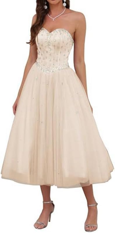 Image of Likedpage Women's Strapless Tea Length Prom Dress, Tulle Ball Gown with Crystal Beading, Corset Back