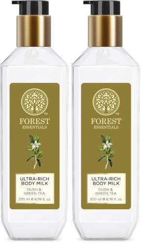 Image of Forest Essentials Ultra-Rich Body Milk Oudh & Green Tea | Natural Moisturizing Body Lotion For Instant Hydration | Ayurvedic Body Moisturizer, Paraben Free| For Women & Men | 200 ml (Pack of 2)
