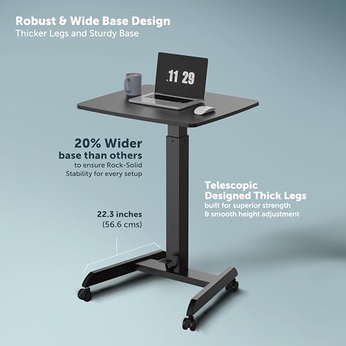 Image of JIN OFFICE Ergonomic Height Adjustable Laptop Desk| 1 Year Warranty| Sit Stand Table with Lockable Wheels| Standing Desk for Home Office| Thick Column and Wide Steel Base| Spacious MDF top| Black