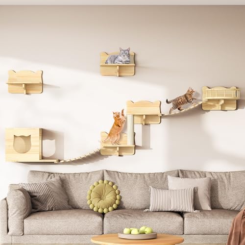 YITAHOME Kletterwand Katzen Set aus Holz, 5-Teiliges Stabiler Katzenmöbel mit Katzenhaus, Katzenbett, Plattform, Sisalsäule, Katzenhängebrücke,...