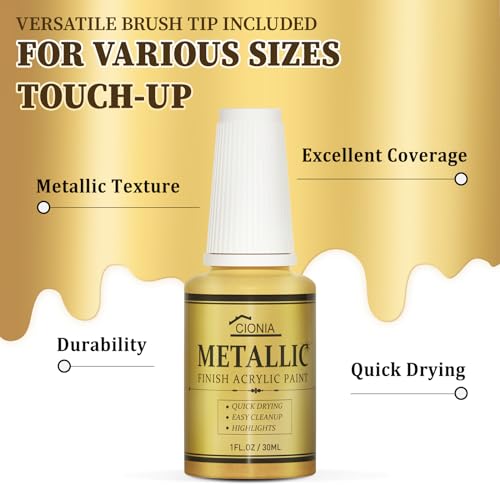 Image of CIONIA Gold Paint Metallic Acrylic, Gold Leaf Touch-Up Paint for Wood, Metal, Arts & Crafts, Home & Wall Decor - Water-Based, Non-Toxic, Odorless, Non-Fading Formula for Long-Lasting Brilliance(1 Fl Oz,Antique GoldColor)