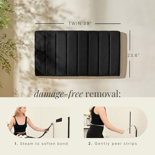 Image of Hearth & Harbor Wall Mounted Twin Headboard Only, Bed Headboard Twin Size | Easy Assemble, Floating Peel and Stick, Upholstered, Channel Stitched, 3D Wall Panels, 5 Strips of 3M Tape Included, Black