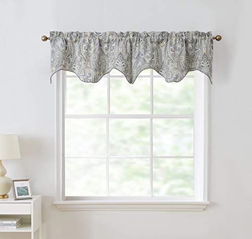 Hlc.me Paris Paisley Thermal Insulated Blackout Decorative Rod Pocket Short Scalloped Curtain Valance For Kitchen, Bathroom, Basement And Small Windows (50 W X 20 L Inch, Grey/Yellow) #TOP1