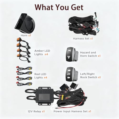 UTV Turn Signal Kit with Horn - Plug and Play, Pre-Wired Universal Street Legal Kit w/Rocker Switch & Hazard Lights for Polaris RZR, Can-Am Maverick, Kawasaki Mule, CFMOTO - Thumbnail 2