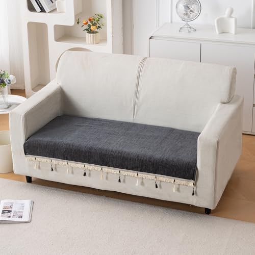 Image of HOKIPO 'Serenity Tassel' Chenille 2 Seater Sofa Cover with Tassel - Midnight Graphite (IN-891-DGRY)