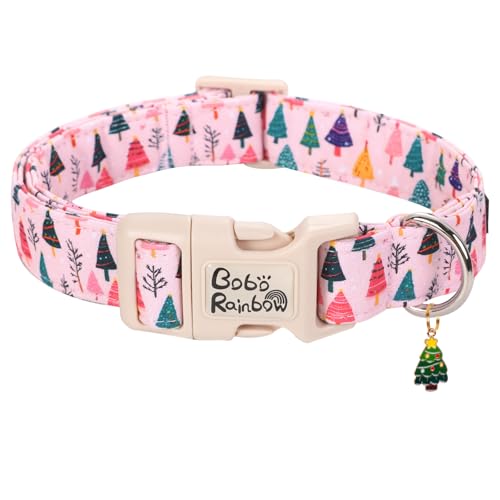 Bobo Rainbow Christmas Dog Collar Adjustable Pink Collar Comfortable Pet Collars Christmas Tree Plastic Buckle Collars for Large Girl Dogs