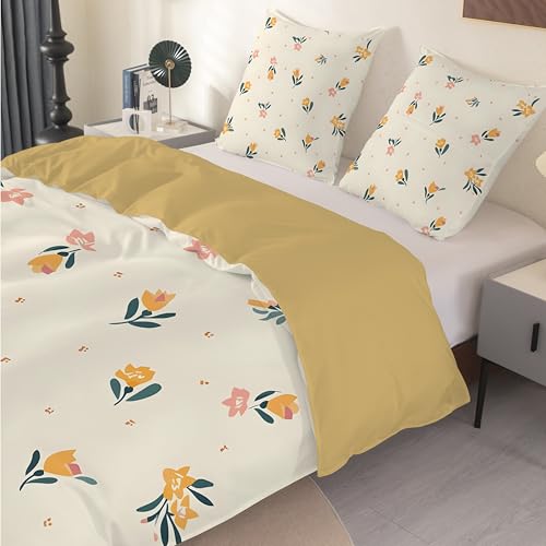 Housse de couette 240x260 fleurs pour lit 2 personnes en microfibre jaune - 5