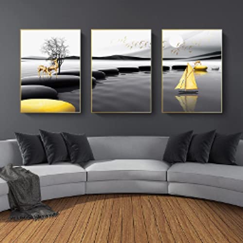 Toile paysage de lac et cerf doré 30x45cm affiche murale moderne