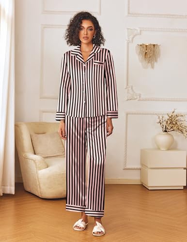 Image of Ekouaer Womens Silk Satin Pajama Sets 2 Piece Sleepwear Pjs Set Long Sleeve Button Down Top and Pants Stripe Loungewear S-XXL
