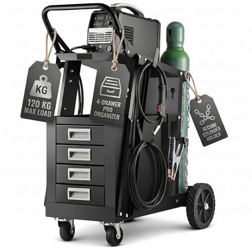 WERKTHOR Schweißwagen 100 kg Tragkraft - Schweißtisch mit 4 Schubladen inkl Gashalterung mit Sicherheitsketten - Schweisswagen für alle gängigen Schweißgeräte & Plasmaschneider mit 360° Rollen