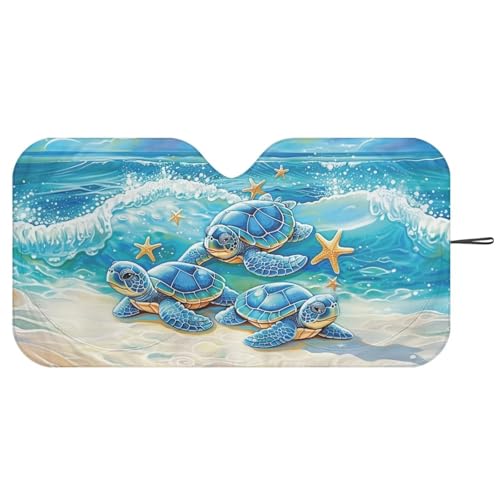 Image of Beach Turtle Blue Car Windshield Sun Shade for Trucks SUV Universal Vehicle Accessories Foldable Sunshade Sun Visor Protector Blocks UV Rays and Keep Your Vehicle Cool